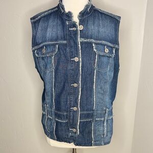 Jeanstar Blue Denim Patchwork Frayed Edges Vest with Pockets